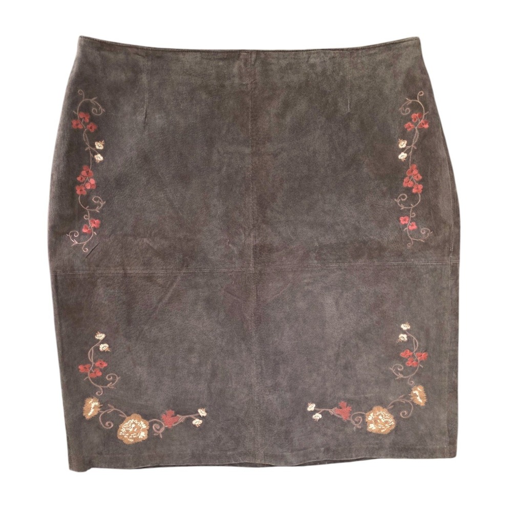 Y2K Nygard Suede Leather Embroidered Floral Pencil Skirt Brown Plus Size 20